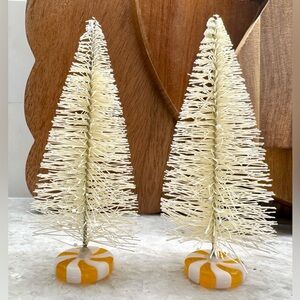 New Christmas Mini Flocked Golden Butterscotch Cream Bottle Brush Tree Set of 2